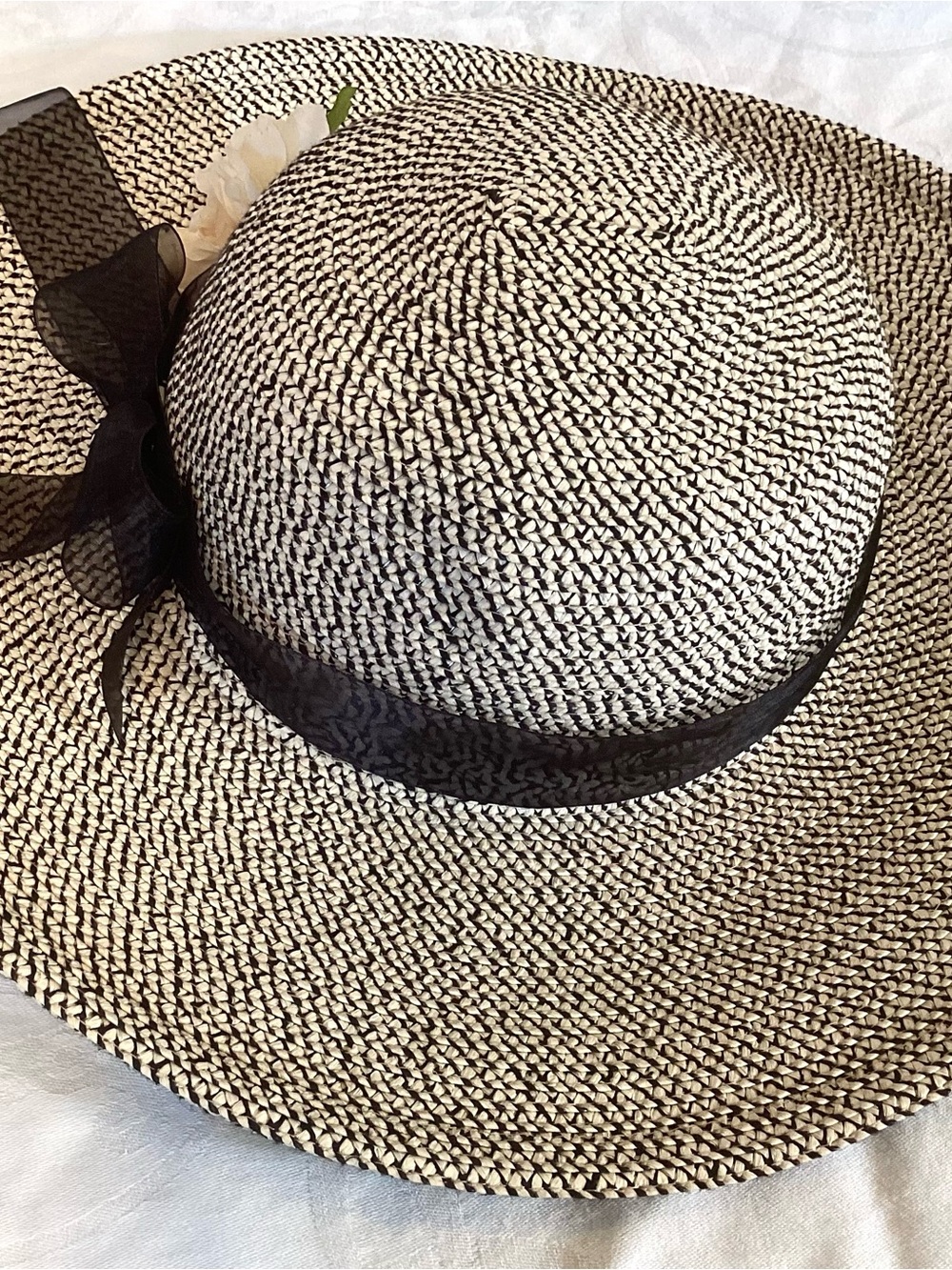 Black & White Woven Wide-Brim Sun Hat with Black Ribbon